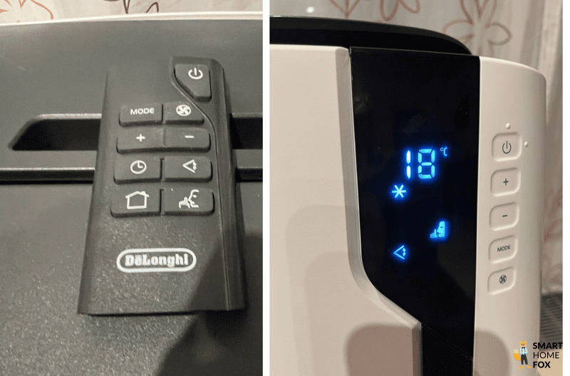 Das Bedienelement und die Fernbedienung der De’longhi Pinguino PAC EX100 mobilen Klimaanlage ist zu sehen.